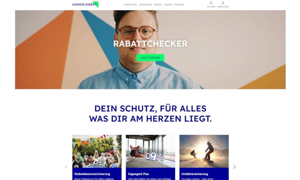 Internet-Seite von Cosmos Direkt: Der Versicherer gehört zu den zehn mit den besten Web-Auftritten