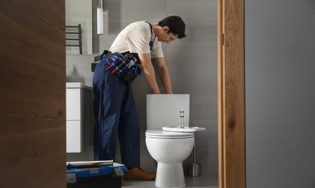 Klempner repariert eine Toilette: Servicevalue hat zusammen mit Focus Money die zuverlässigsten Versicherer im Schadensfall ermittelt.