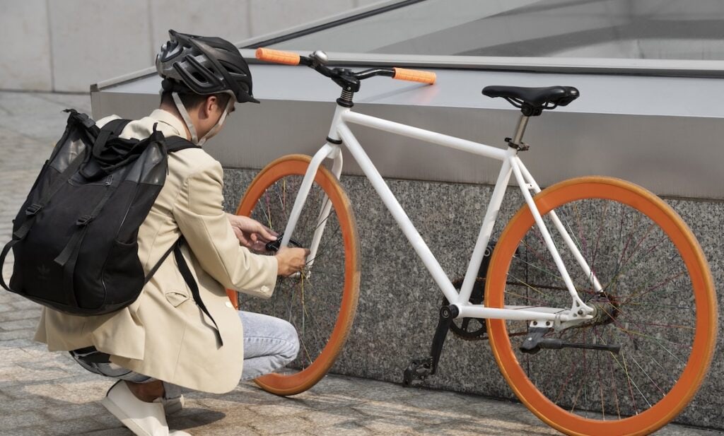 Mann schließt sein Fahrrad ab: Für Fahrraddiebstähle ihrer Versicherten mussten Hausrat-Versicherer 2023 einige Millionen Euro zahlen.