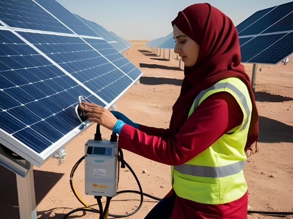 Frau wartet eine PV-Anlage in der Wüste, Foto: Canva KI