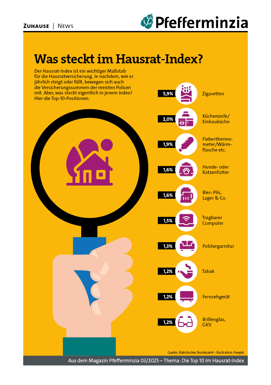 Zigaretten im Hausrat-Index, häufige Versicherungsgegenstände, Haushaltsversicherungen, Top 10 Positionen.