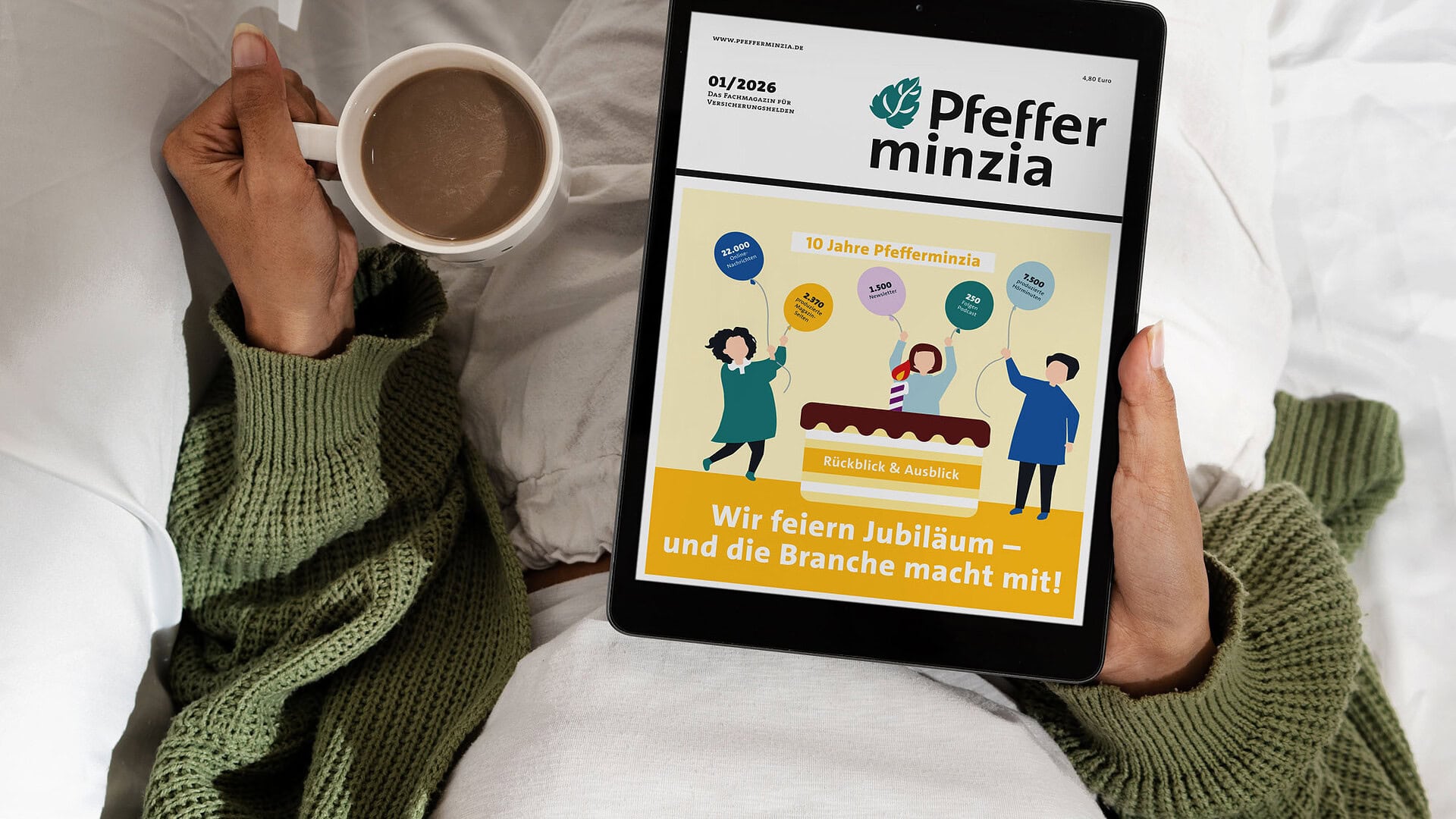 Digitale Ausgabe des Pfefferminzia Magazins Februar 2026 auf Tablet.