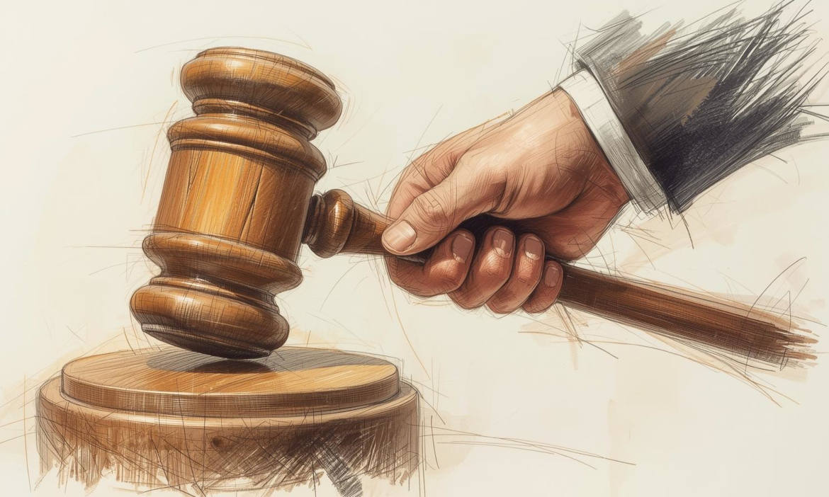 Hand mit Hammer schlägt auf ein Gerichtssiegel, symbolisiert rechtliche Entscheidungen.