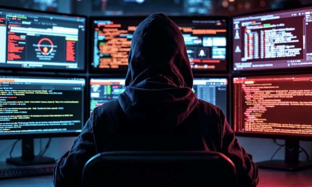 Hacker vor mehreren Computerbildschirmen mit Code und Sicherheitsdaten.