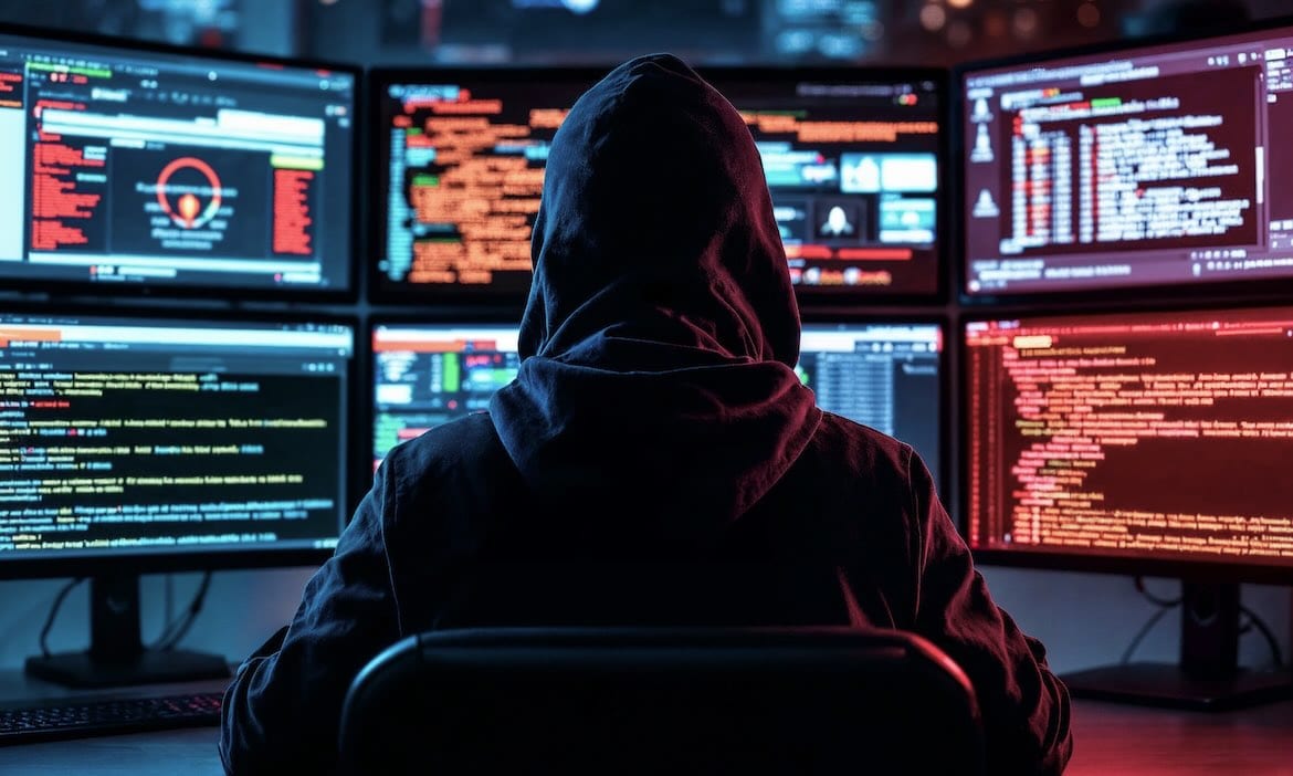 Hacker vor mehreren Computerbildschirmen mit Code und Sicherheitsdaten.