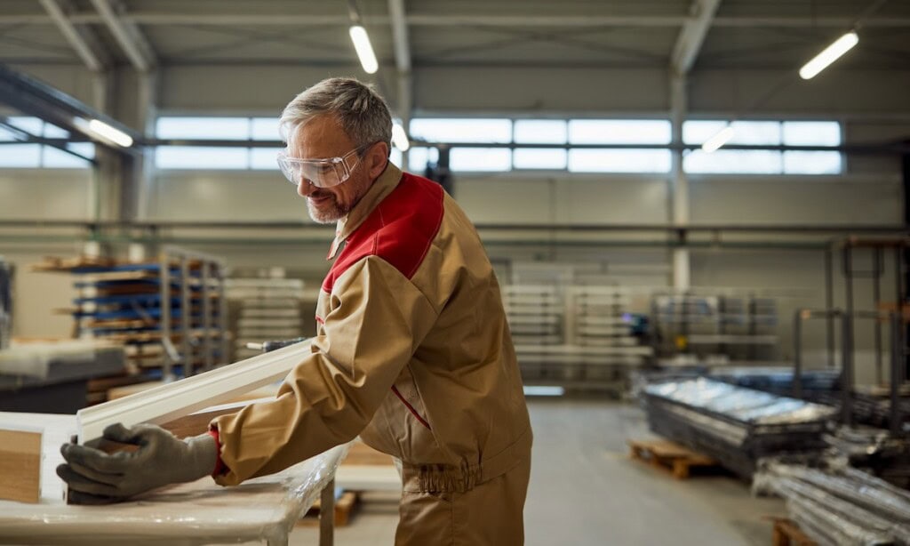Handwerker prüft Holz im Produktionsraum für bessere bAV- und bKV-Lösungen.
