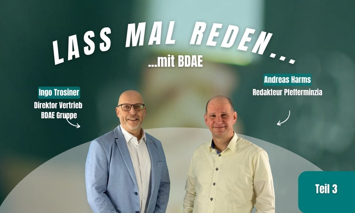 Ingo Trosiner, Vertriebsleiter BDAE, und Andreas Harms, Redakteur bei Pfefferminzia, sprechen über F.