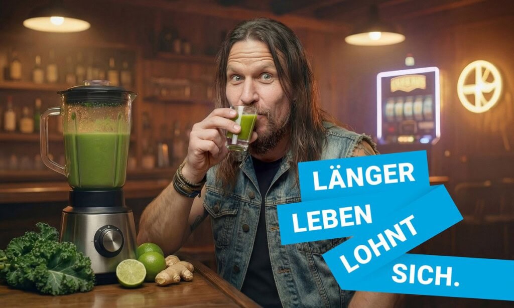 Mann trinkt grünen Smoothie in Bar, gesunde Ernährung, Vitalität, Lifestyle.