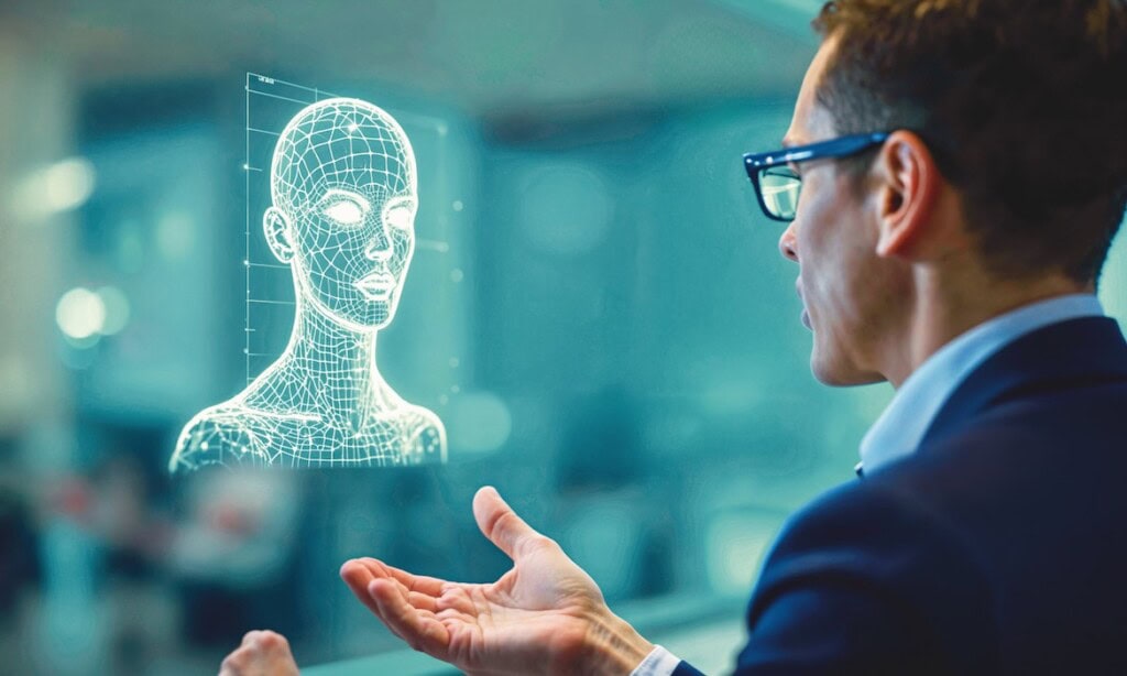 Mann mit Brille nutzt KI-Technologie für Immobilienmakler.