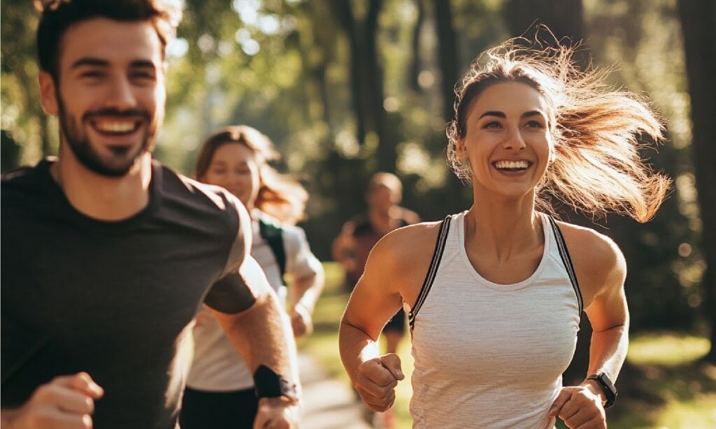 Menschen beim Joggen im Park, fröhlich und fit, sonniger Tag, Natur.