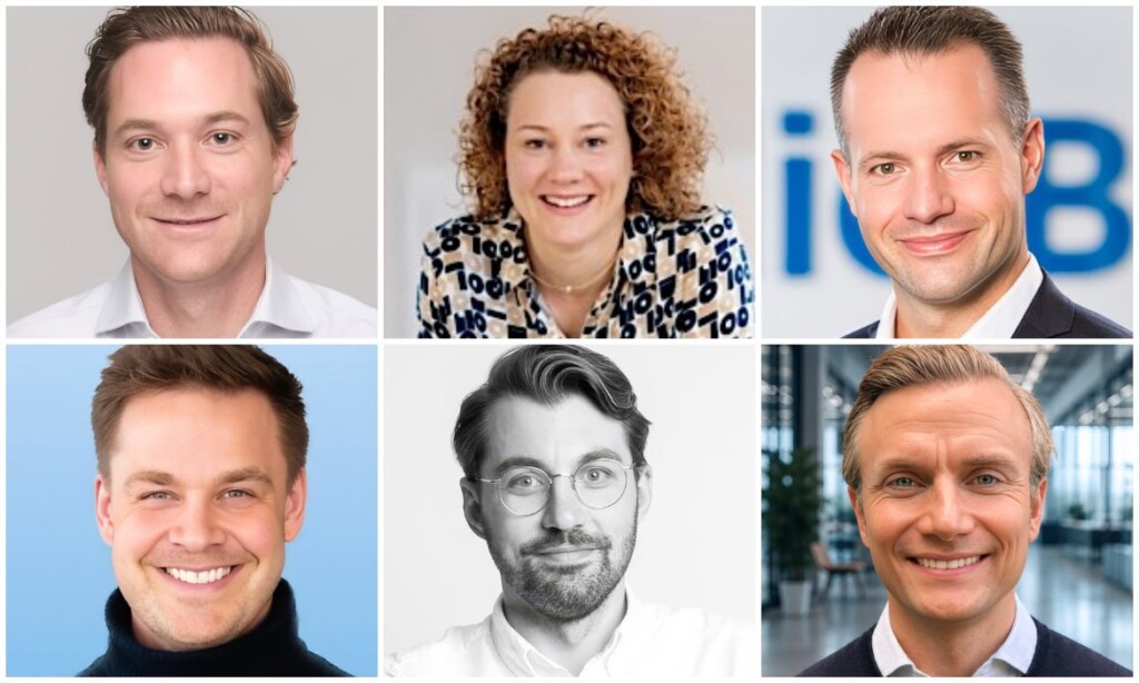 Nehmen am Pfefferminzia-Roundtable zum Thema KI im Maklervertrieb teil (oben, von links: Fabian Wesemann, Britta Schuchardt, Maximilian Buddecke. Unten von links: Chris Bockey, Daniel Dierkes, Nikolaus Sühr.