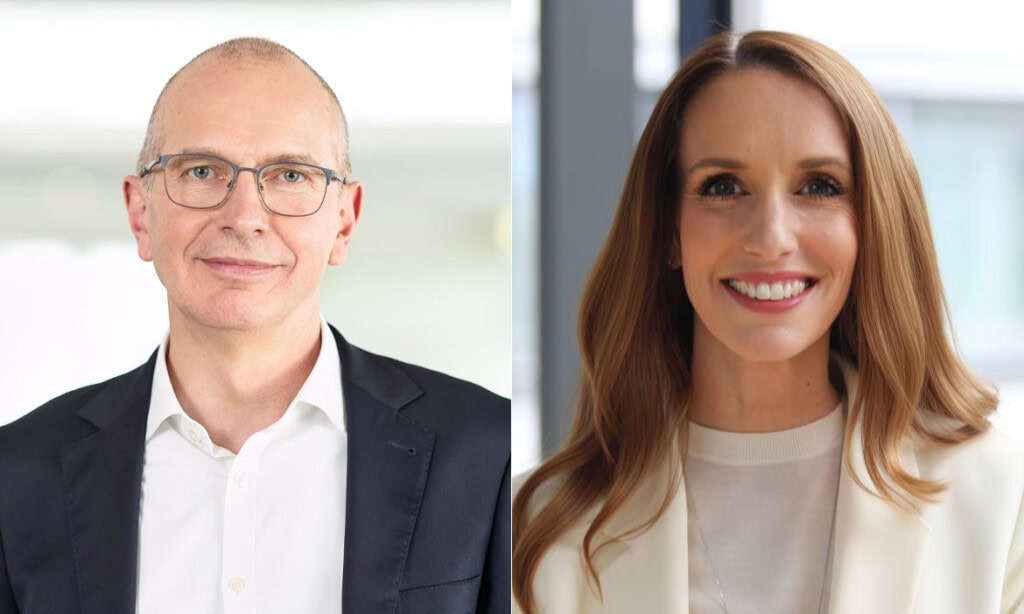 Zwei professionelle Porträts eines Mannes und einer Frau in Businesskleidung.