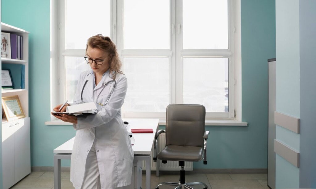 Ärztin in Praxis mit Tablet, medizinische Beratung, Gesundheitswesen.