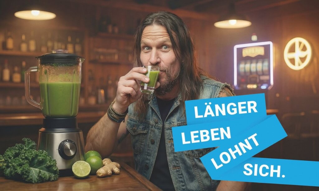 Mann trinkt grünen Smoothie in Bar mit Slogan "Länger leben lohnt sich".