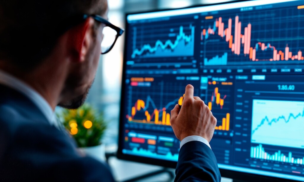 Ein Mann prüft Börsenkurse am Computer: ETFs boomen – und lassen sich auch gut in Rentenversicherungen einbauen.