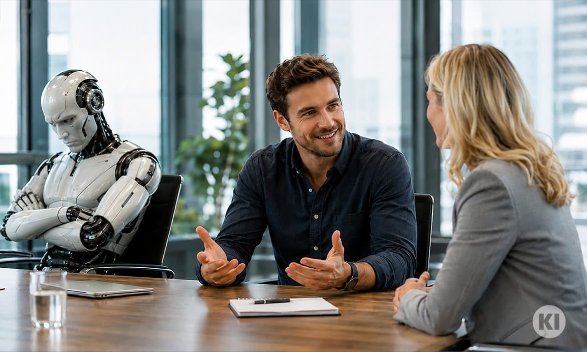 Mann und Frau im Gespräch mit humanoidem Roboter im Büro.