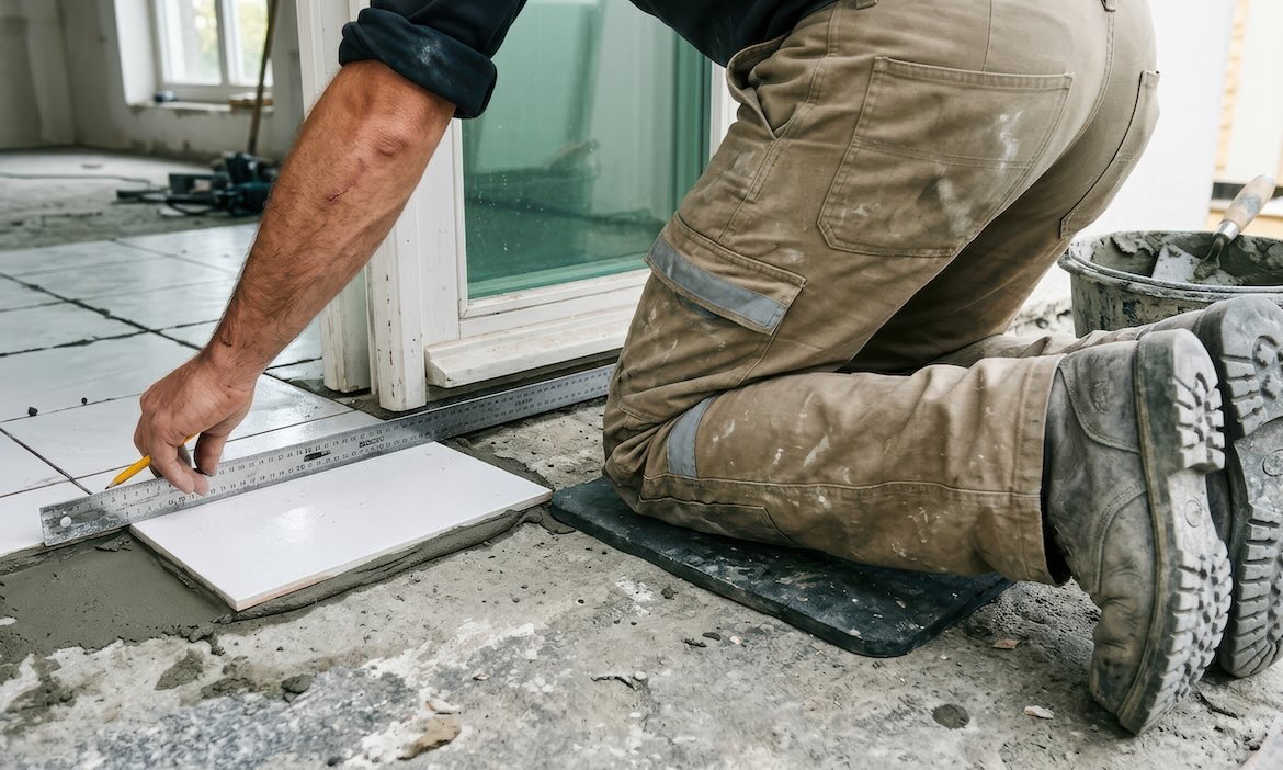 Fliesenleger bei der Arbeit: Bau- und Handwerksbetriebe unterschätzen oft, wie schnell Versicherungsschutz an seine Grenzen stößt.