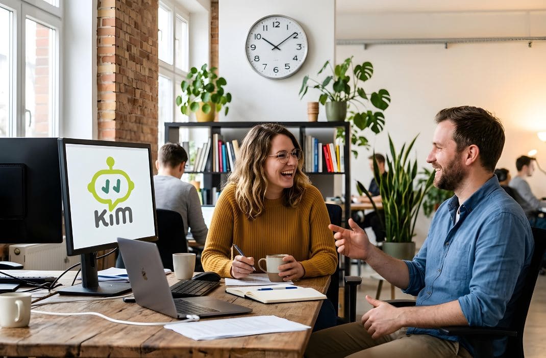 Zwei Kollegen im Gespräch in einem hellen Büro mit Pflanzen und Computern.