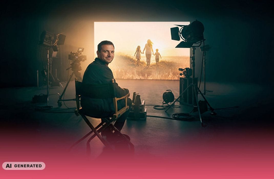 Filmemacher im Studio filmt Familie bei Sonnenuntergang im Freien.