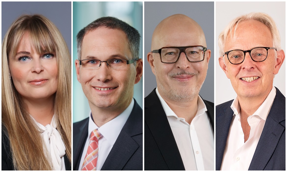Nehmen am Pfefferminzia-Roundtable zum Thema Ruhestandsplanung teil (v.l.): Anna Büchling (Inter), Guntram Overbeck (Helvetia), Christian Nuschele (Standard LIfe) und Charles Neus (Boomer Finannce).